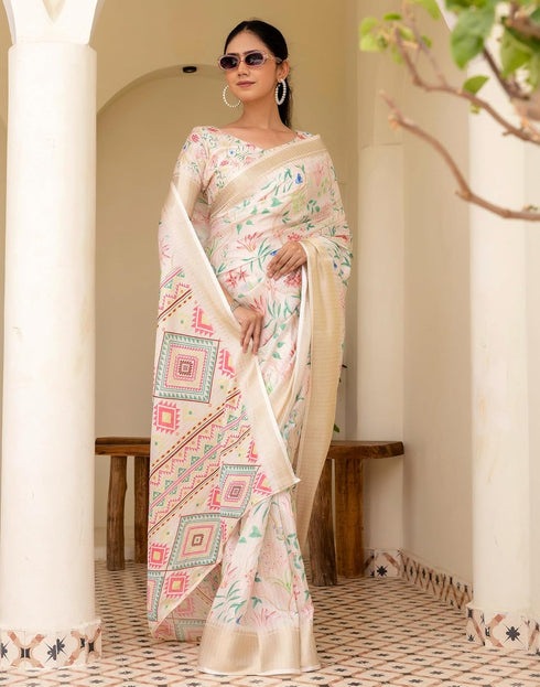 Vasthrlay Womens Printed Unstitched Beige Saree