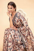 Vasthrlay Indigo Mocha Geometric Print Polyester Saree With Dull Gold Zari Border And Unstitched Blouse Piece