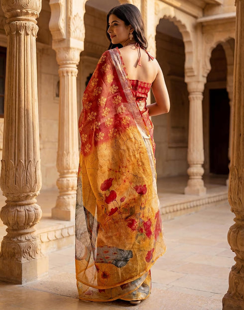 Vasthrlay Womens Printed Dusty Orange | Yellow Saree With Unstitched Blouse Piece