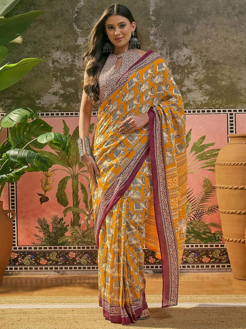 Vasthrlay Printed Yellow Saree