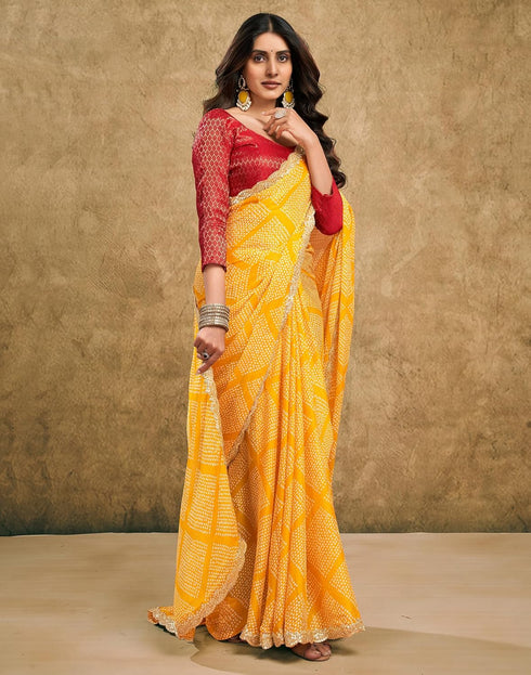 Vasthrlay Chiffon Bandhani Unstitched Yellow Saree