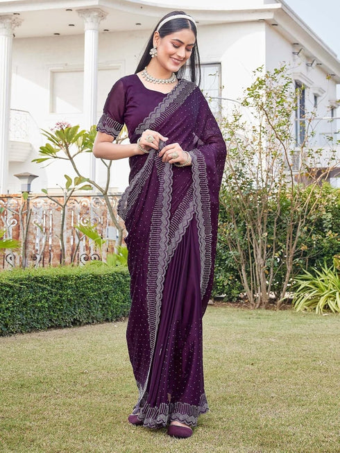 Vasthrlay Womens Scalloped Unstitched Wine Saree