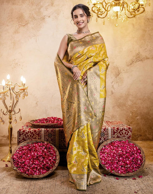 Vasthrlay Jacquard Banarasi Unstitched Mustard Saree