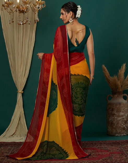 Vasthrlay Georgette Bandhani Unstitched Red Saree