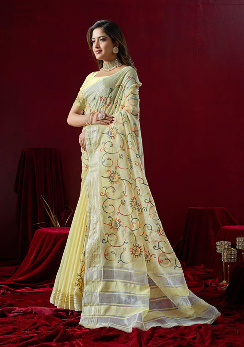 Vasthrlay Yellow Embroidery Saree