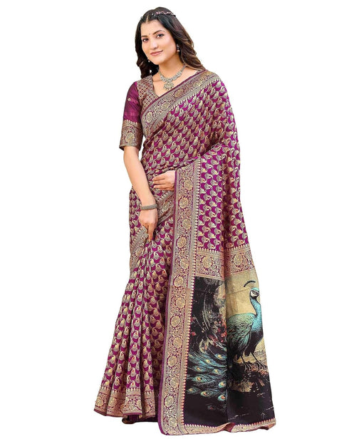 Vasthrlay Womens Weaving Purple | Gold Saree With Unstitched Blouse Piece