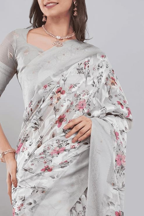 Vasthrlay Off White1 Floral Semi Sheer Chanderi Saree With Champagne Gold Zari Pallu And Unstitched Blouse Piece
