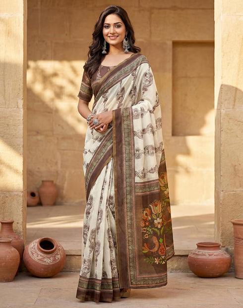 Vasthrlay Chanderi Printed Unstitched Beige Saree