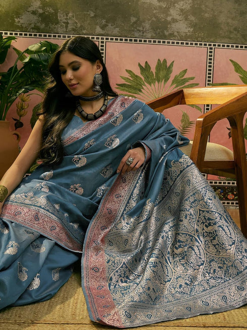 Vasthrlay Banarasi Weaving Unstitched Teal Saree
