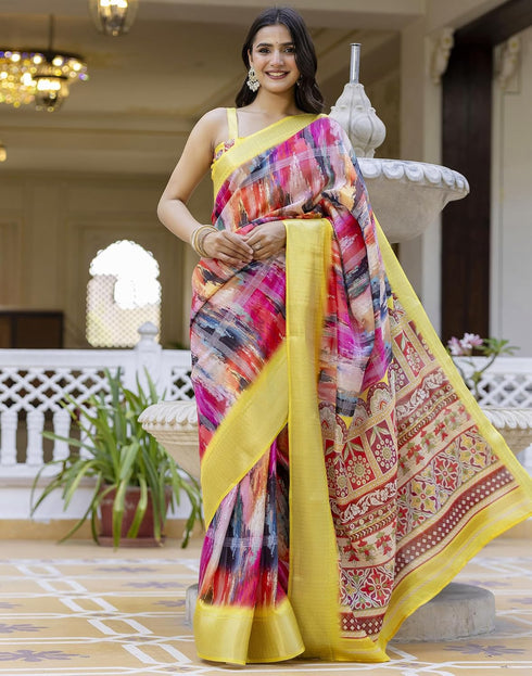 Vasthrlay Printed Weaving Yellow Saree With Unstitched Blouse Piece