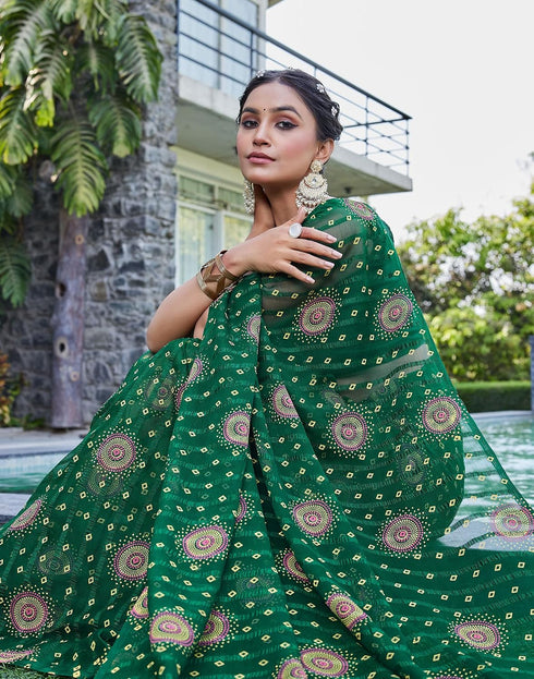 Vasthrlay Bandhani Printed Dark Green Saree With Unstitched Blouse Piece
