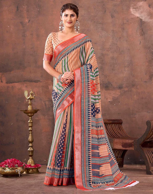 Vasthrlay Special Printed Unstitched Beige Saree