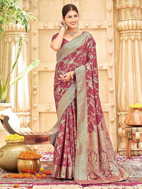 Vasthrlay Womens Banarasi Dusty Mauve Saree With Unstitched Blouse Piece
