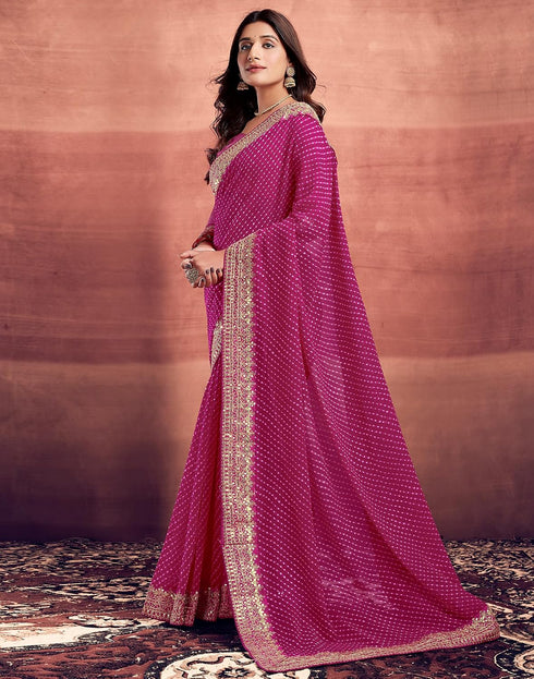 Vasthrlay Georgette Embroidery Rani Pink And Golden Saree With Unstitched Blouse Piece