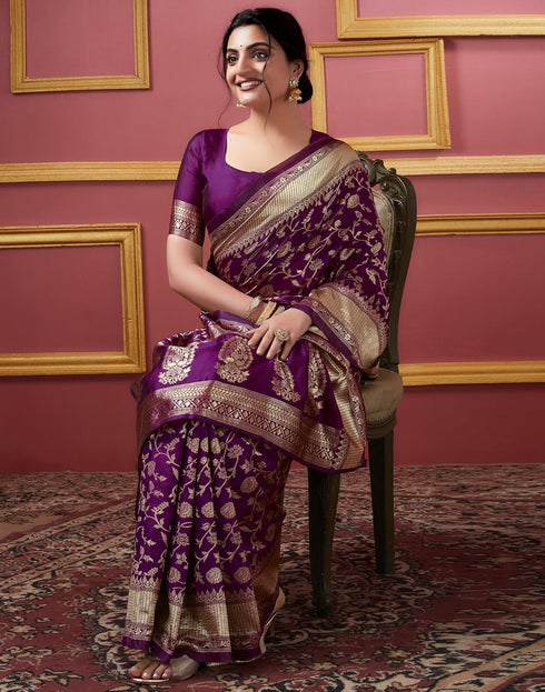 Vasthrlay Banarasi Jacquard Unstitched Yellow Saree