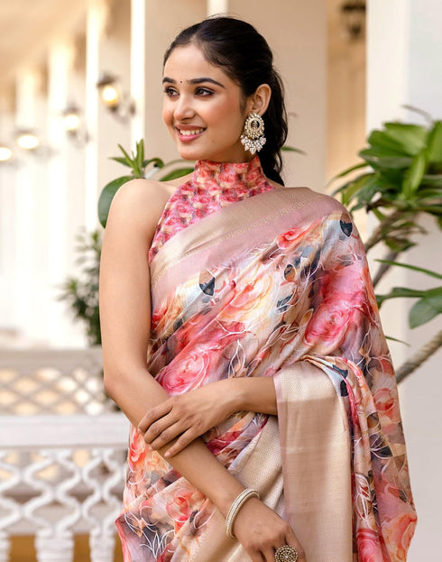 Vasthrlay Womens Printed Unstitched Beige Saree