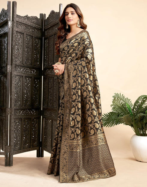 Vasthrlay Womens Jacquard Black Saree With Unstitched Blouse Piece