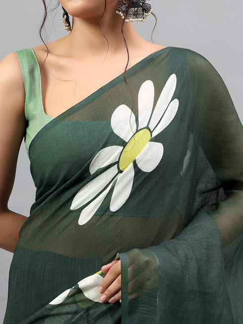 Vasthrlay Dark Green Linen Floral Printed Saree With Solid Unstitched Linen Blouse Piece
