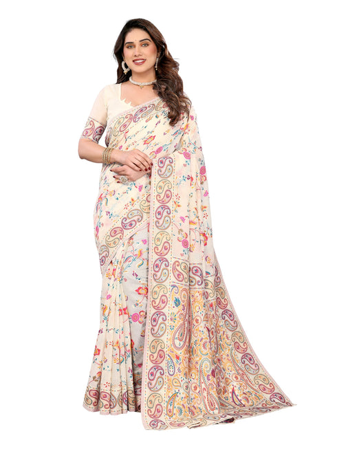 Vasthrlay Cream Kanjivaram Unstitched Saree