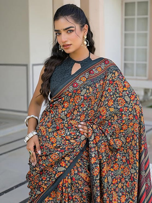 Vasthrlay Womens Printed Unstitched Dark Green Saree