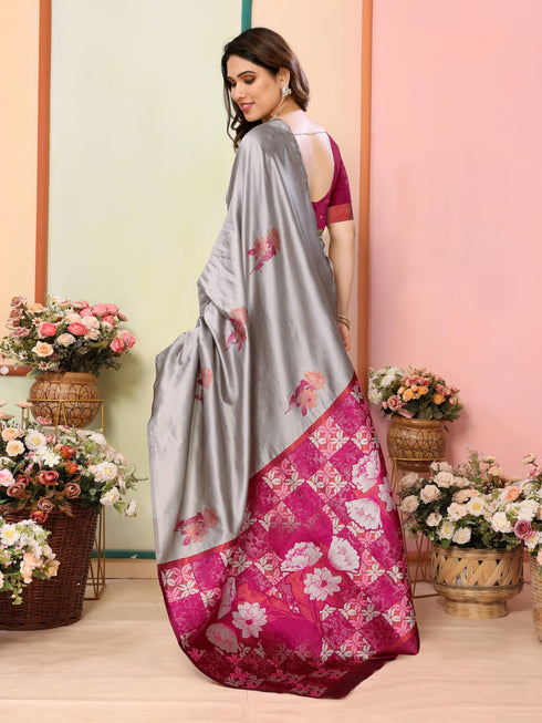 Vasthrlay Grey Kanjivaram Unstitched Saree