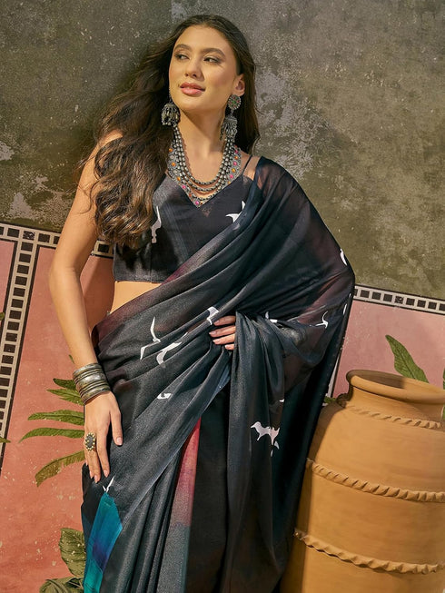 Vasthrlay Shimmer Georgette Unstitched Black Saree