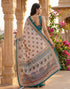 Vasthrlay Womens Printed Beige | Teal Blue Saree With Unstitched Blouse Piece
