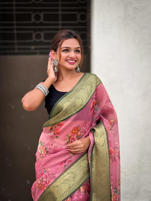 Vasthrlay Kanjivaram Organza Kalamkari Cream Purple Ethnic Wear