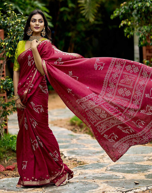 Vasthrlay Bandhani Printed Burgundy Saree With Unstitched Blouse Piece