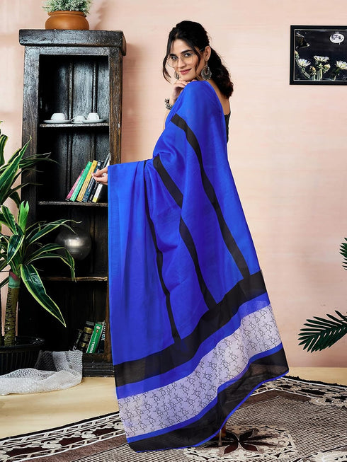 Vasthrlay Chanderi Printed Dark Blue Saree With Unstitched Blouse Piece
