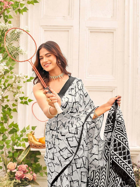 Vasthrlay Womens Abstract Unstitched Off White Saree