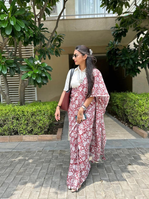 Vasthrlay Maroon Printed Unstitched Saree