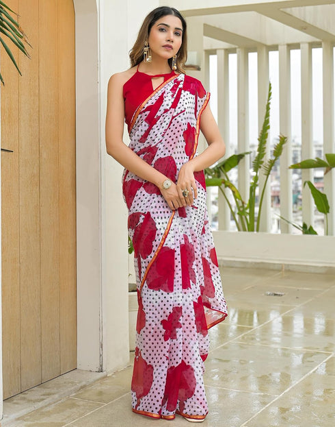 Vasthrlay Chiffon Blouse Red Saree With Unstitched Blouse Piece