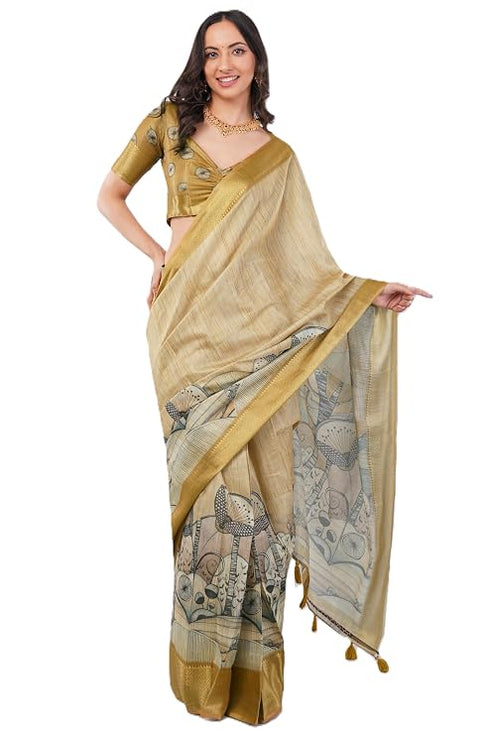 Vasthrlay Golden Striped | Floral | Solid Print Design Linen Saree