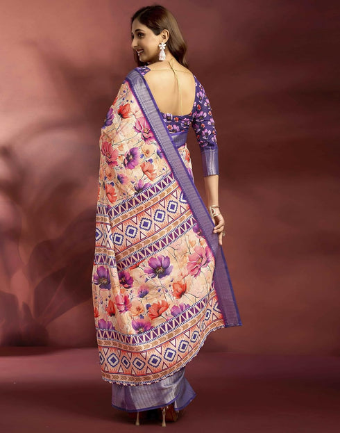 Vasthrlay Womens Printed Unstitched Navy Blue Saree