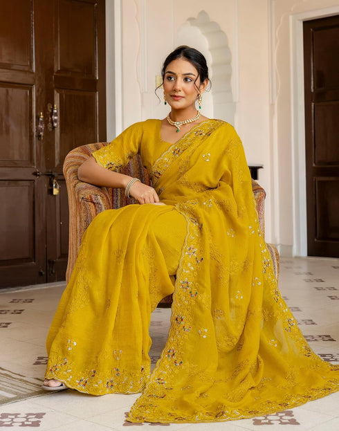 Vasthrlay Embroidery Scalloped Unstitched Maroon Saree