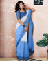 Vasthrlay Womens Printed Blue And White Saree With Unstitched Blouse Piece
