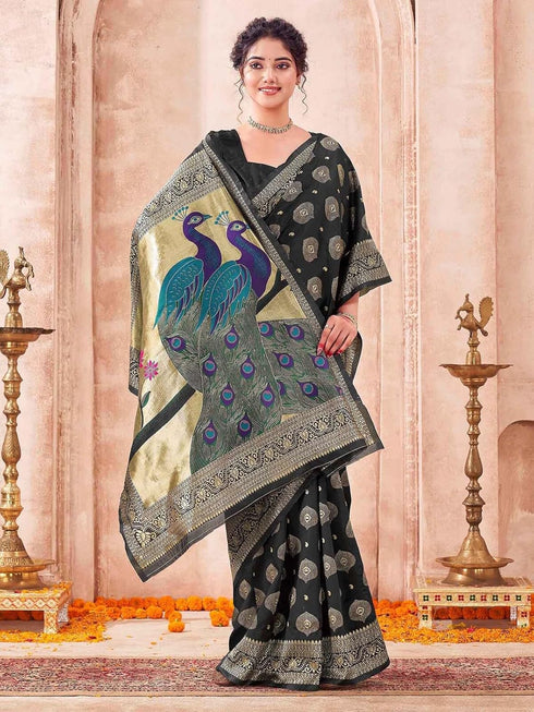 Vasthrlay Weaving Banarasi Unstitched Peacock Blue Saree