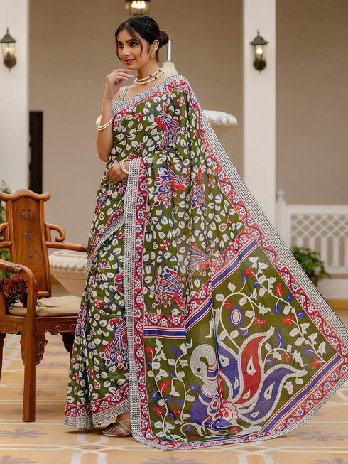 Vasthrlay Womens Printed Dark Green Saree With Unstitched Blouse Piece