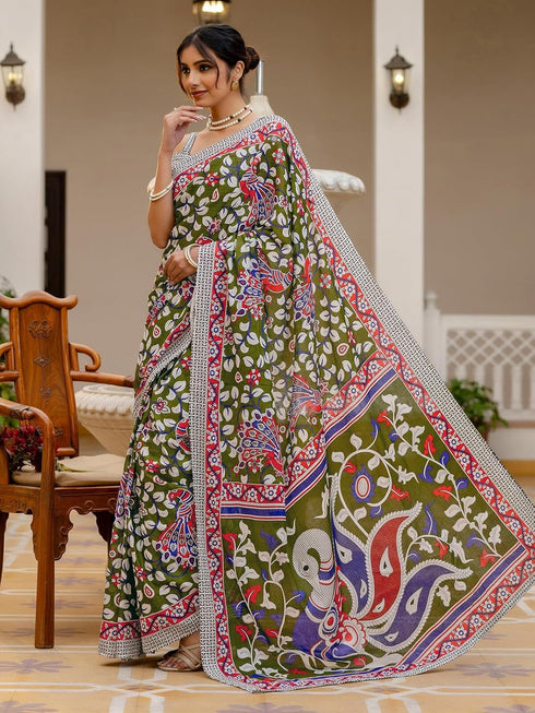 Vasthrlay Womens Printed Unstitched Beige Saree