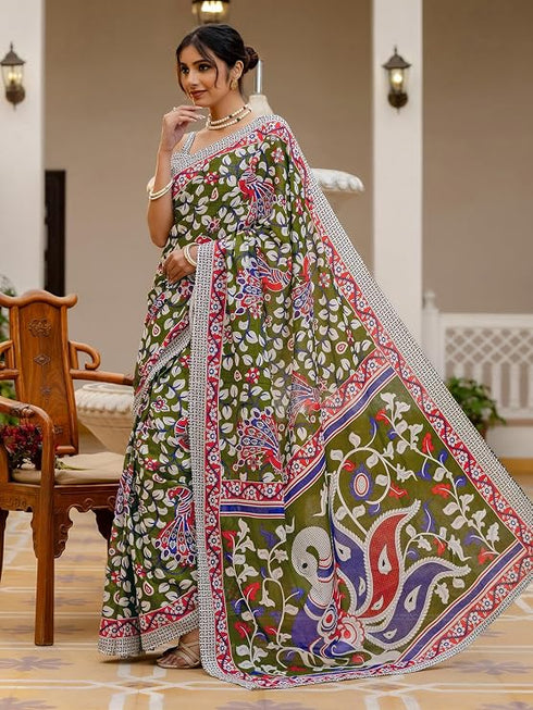 Vasthrlay Womens Printed Dark Blue Saree With Unstitched Blouse Piece