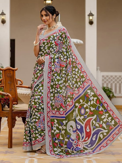 Vasthrlay Womens Printed Unstitched Beige Saree