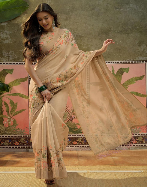 Vasthrlay Shimmer Printed Beige Saree With Unstitched Blouse Piece
