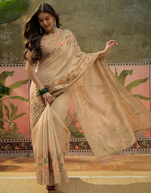 Vasthrlay Shimmer Printed Unstitched Beige Saree