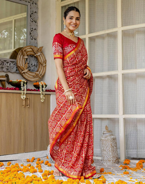Vasthrlay Bandhani Printed Unstitched Red Saree