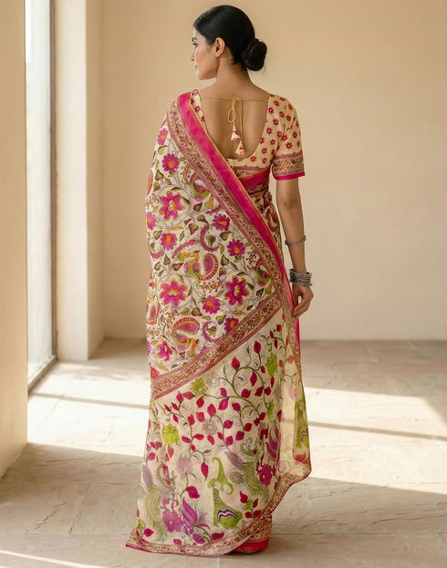 Vasthrlay Womens Printed Unstitched Peach Saree