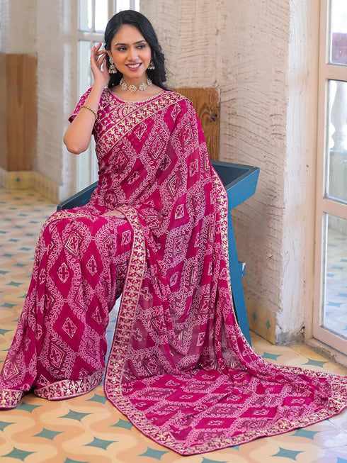 Vasthrlay Georgette Embroidery Unstitched Dark Green Saree