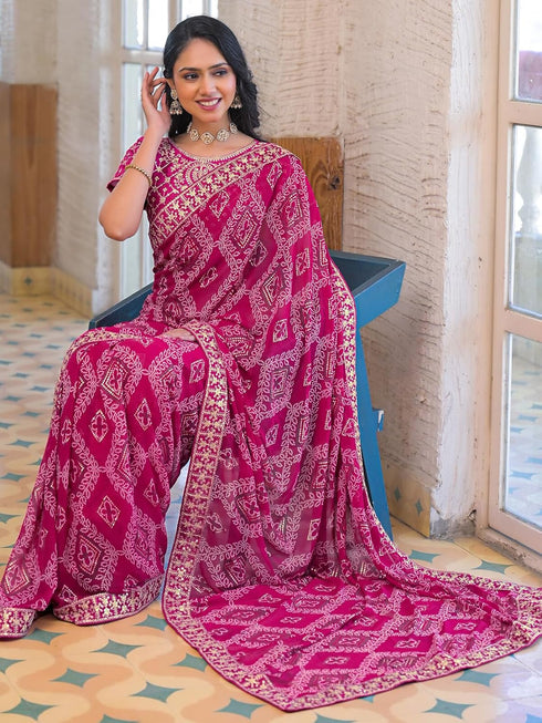 Vasthrlay Georgette Embroidery Dark Rani Pink Saree With Unstitched Blouse Piece