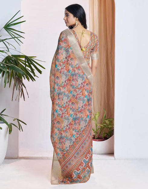 Vasthrlay Womens Printed Unstitched White Saree