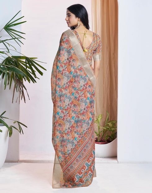 Vasthrlay Womens Printed Brown Saree With Unstitched Blouse Piece